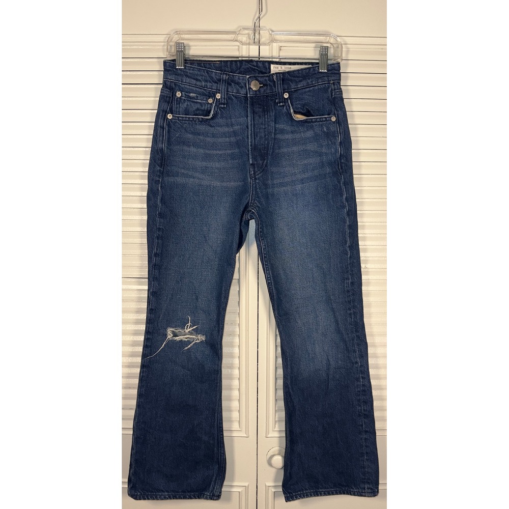 rag & bone Dark Blue Cropped Jeans with Distressed Knee